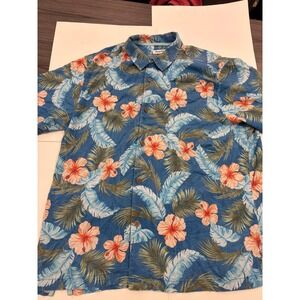 Tommy Bahama Hawaiian Shirt Mens XL Blue Floral Hibiscus Palm Aloha